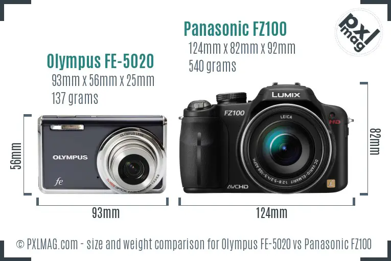 Olympus FE-5020 vs Panasonic FZ100 size comparison