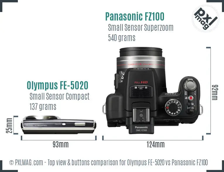 Olympus FE-5020 vs Panasonic FZ100 top view buttons comparison