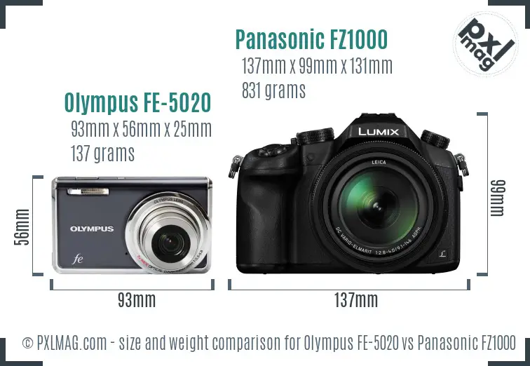 Olympus FE-5020 vs Panasonic FZ1000 size comparison
