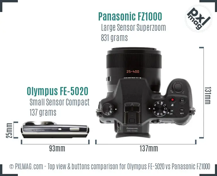 Olympus FE-5020 vs Panasonic FZ1000 top view buttons comparison