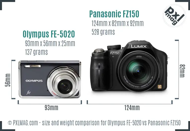 Olympus FE-5020 vs Panasonic FZ150 size comparison