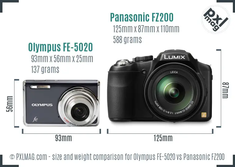 Olympus FE-5020 vs Panasonic FZ200 size comparison