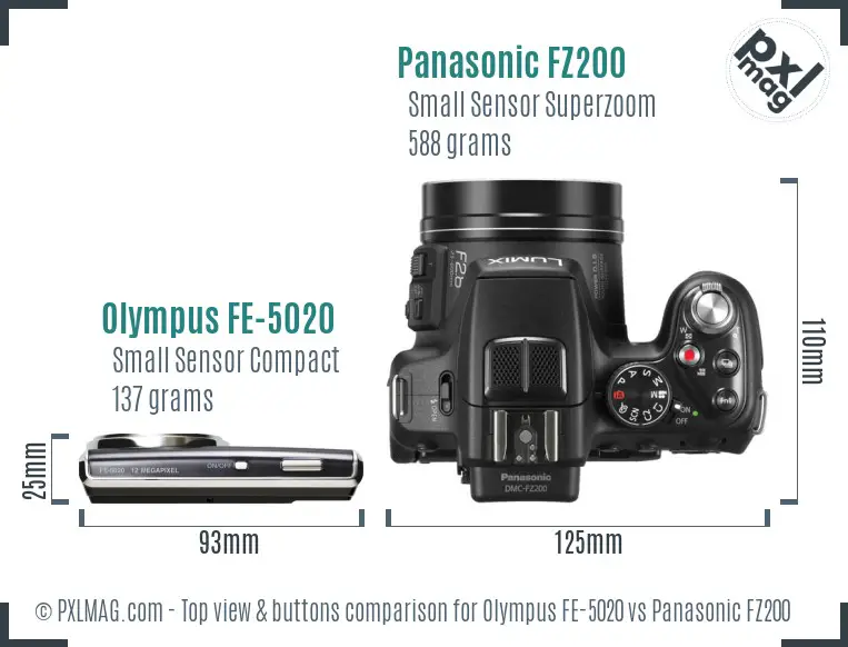 Olympus FE-5020 vs Panasonic FZ200 top view buttons comparison