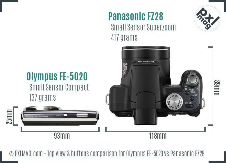 Olympus FE-5020 vs Panasonic FZ28 top view buttons comparison