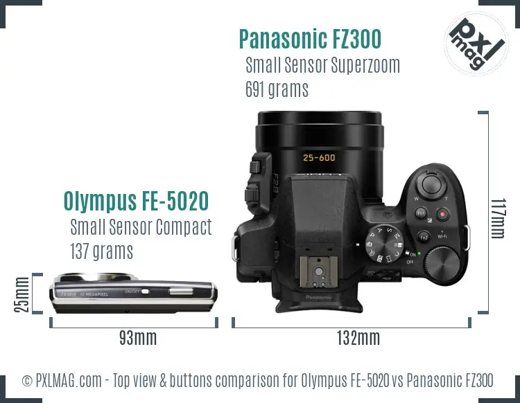 Olympus FE-5020 vs Panasonic FZ300 top view buttons comparison
