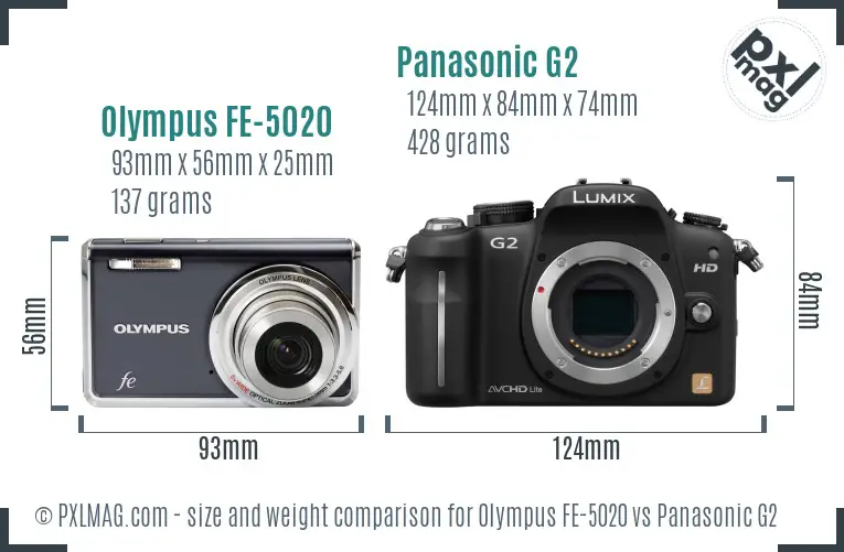 Olympus FE-5020 vs Panasonic G2 size comparison