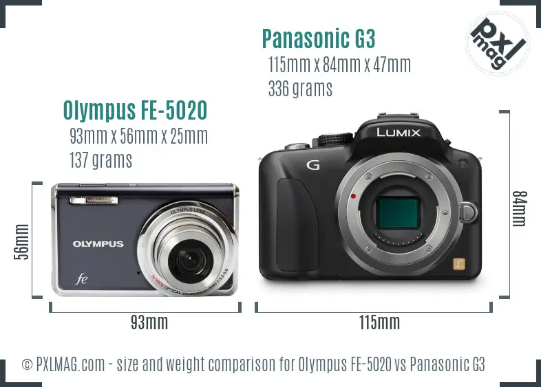 Olympus FE-5020 vs Panasonic G3 size comparison
