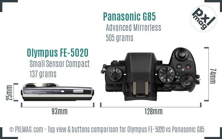 Olympus FE-5020 vs Panasonic G85 top view buttons comparison