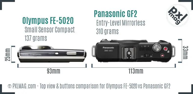 Olympus FE-5020 vs Panasonic GF2 top view buttons comparison