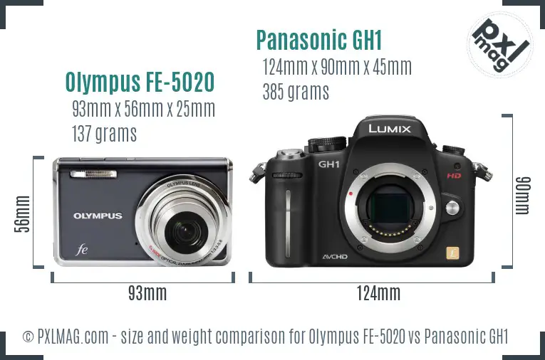 Olympus FE-5020 vs Panasonic GH1 size comparison