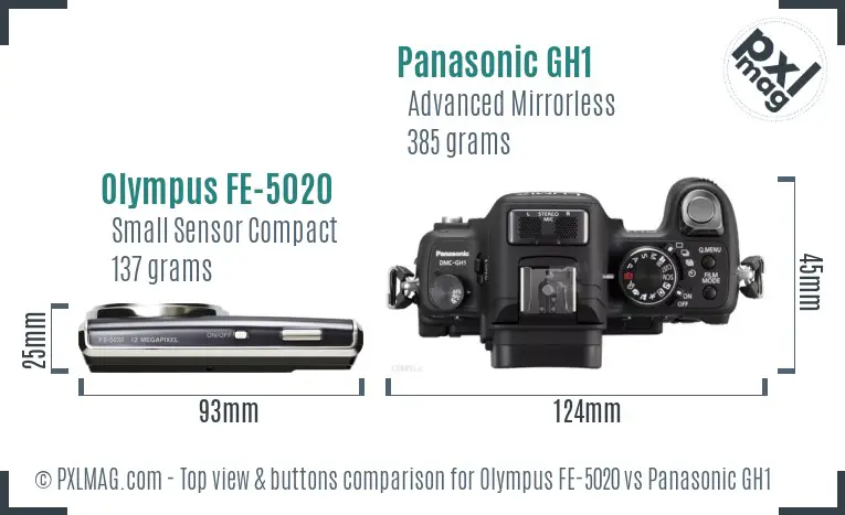 Olympus FE-5020 vs Panasonic GH1 top view buttons comparison