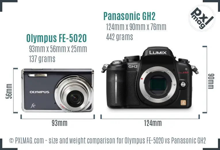 Olympus FE-5020 vs Panasonic GH2 size comparison