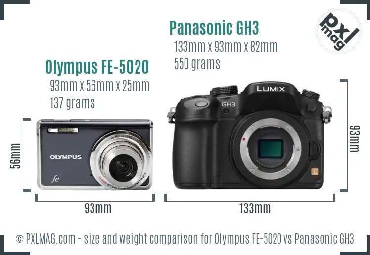 Olympus FE-5020 vs Panasonic GH3 size comparison