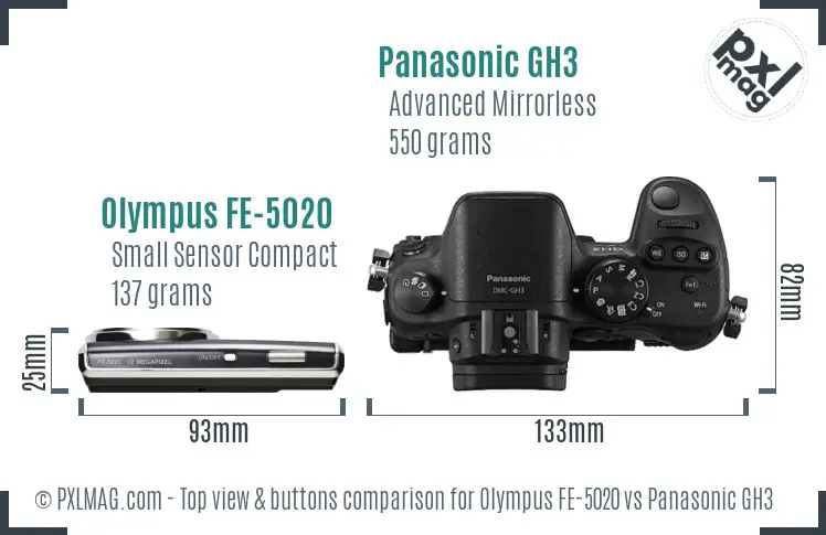 Olympus FE-5020 vs Panasonic GH3 top view buttons comparison