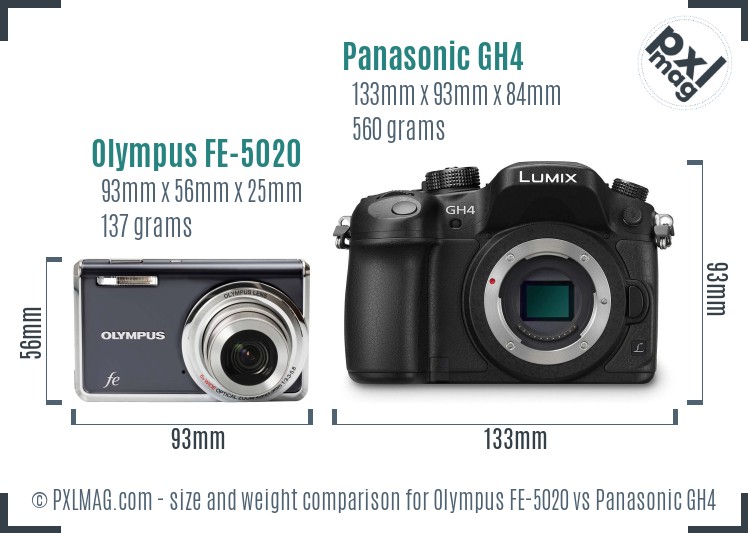 Olympus FE-5020 vs Panasonic GH4 size comparison