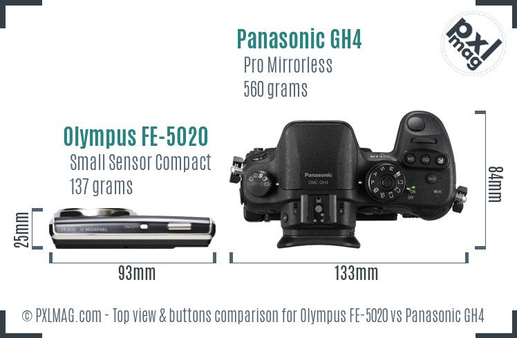 Olympus FE-5020 vs Panasonic GH4 top view buttons comparison