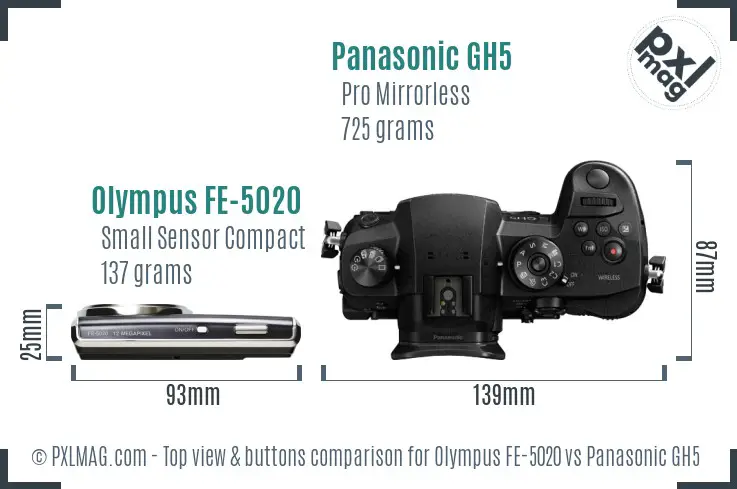 Olympus FE-5020 vs Panasonic GH5 top view buttons comparison