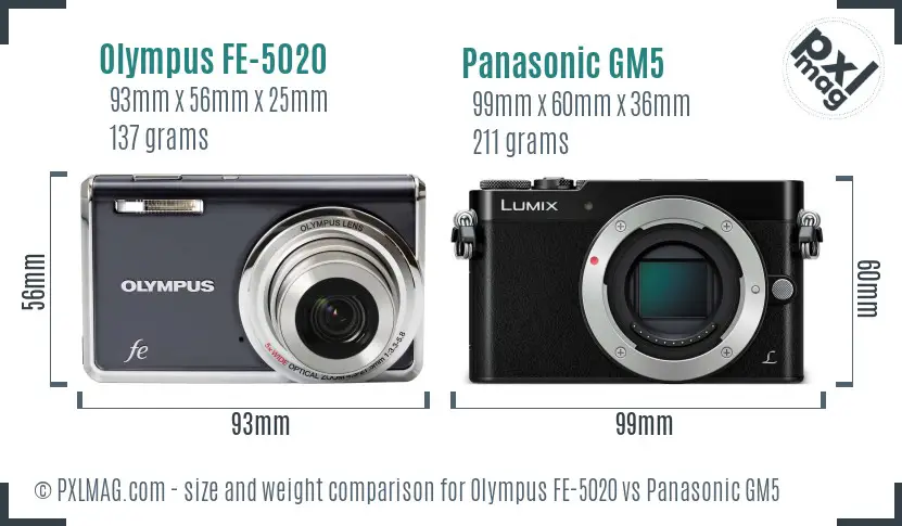 Olympus FE-5020 vs Panasonic GM5 size comparison