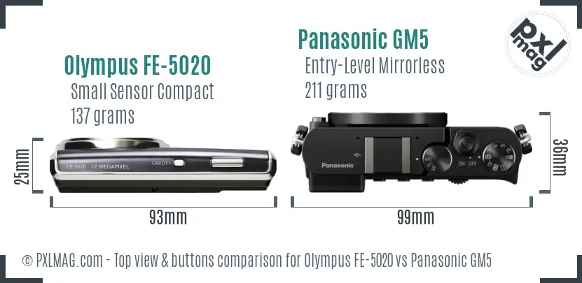Olympus FE-5020 vs Panasonic GM5 top view buttons comparison