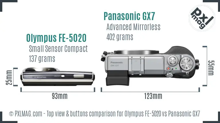 Olympus FE-5020 vs Panasonic GX7 top view buttons comparison