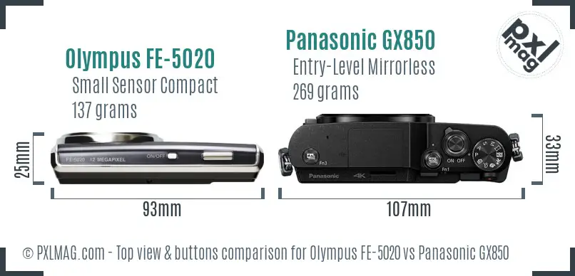 Olympus FE-5020 vs Panasonic GX850 top view buttons comparison