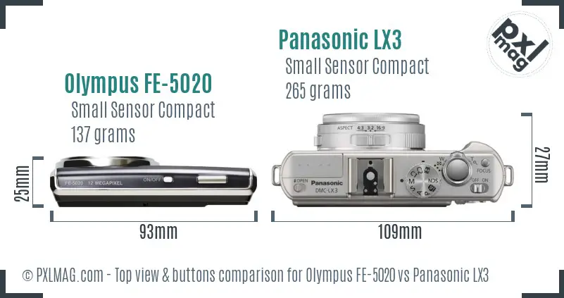 Olympus FE-5020 vs Panasonic LX3 top view buttons comparison