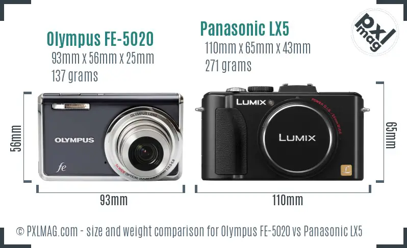 Olympus FE-5020 vs Panasonic LX5 size comparison