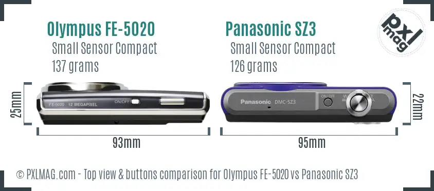 Olympus FE-5020 vs Panasonic SZ3 top view buttons comparison Olympus FE-5020 vs Panasonic SZ3 top view buttons comparison