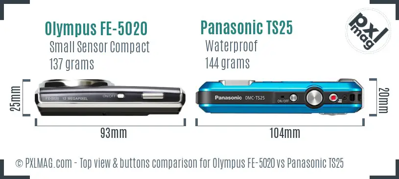 Olympus FE-5020 vs Panasonic TS25 top view buttons comparison Olympus FE-5020 vs Panasonic TS25 top view buttons comparison