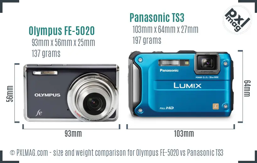 Olympus FE-5020 vs Panasonic TS3 size comparison