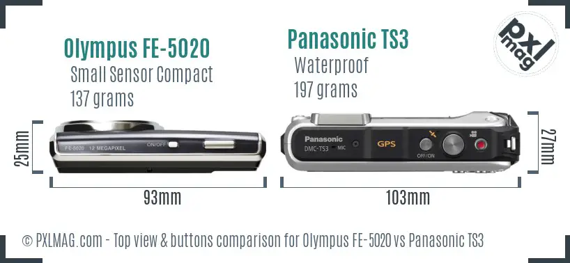 Olympus FE-5020 vs Panasonic TS3 top view buttons comparison