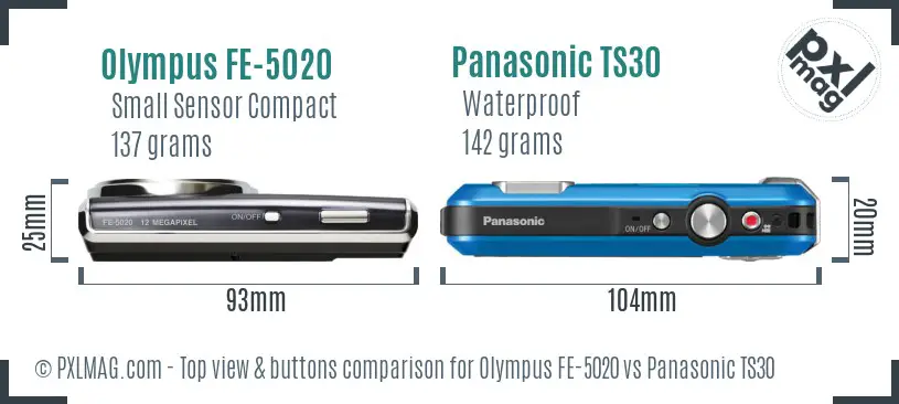 Olympus FE-5020 vs Panasonic TS30 top view buttons comparison