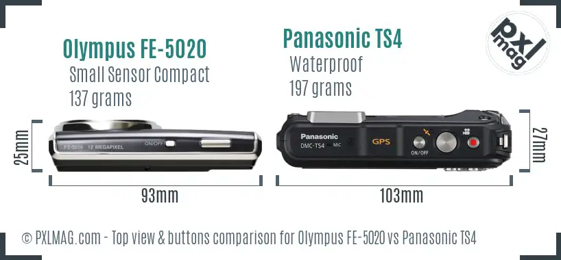 Olympus FE-5020 vs Panasonic TS4 top view buttons comparison