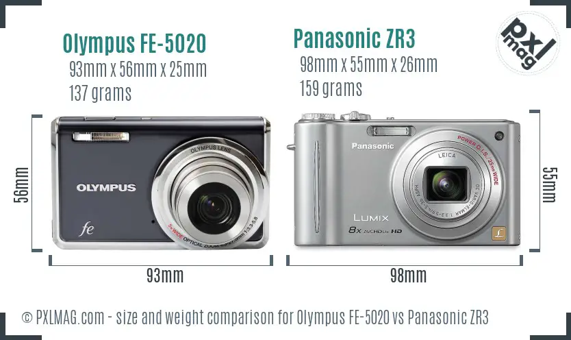 Olympus FE-5020 vs Panasonic ZR3 size comparison