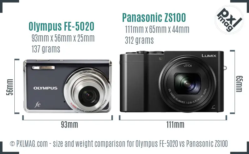 Olympus FE-5020 vs Panasonic ZS100 size comparison