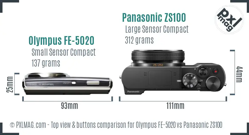 Olympus FE-5020 vs Panasonic ZS100 top view buttons comparison