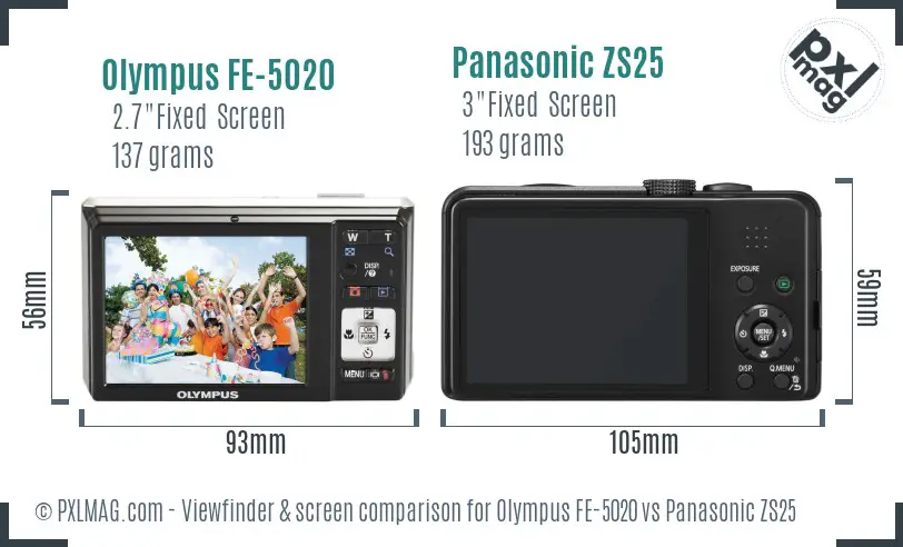 Olympus FE-5020 vs Panasonic ZS25 Screen and Viewfinder comparison