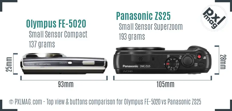 Olympus FE-5020 vs Panasonic ZS25 top view buttons comparison