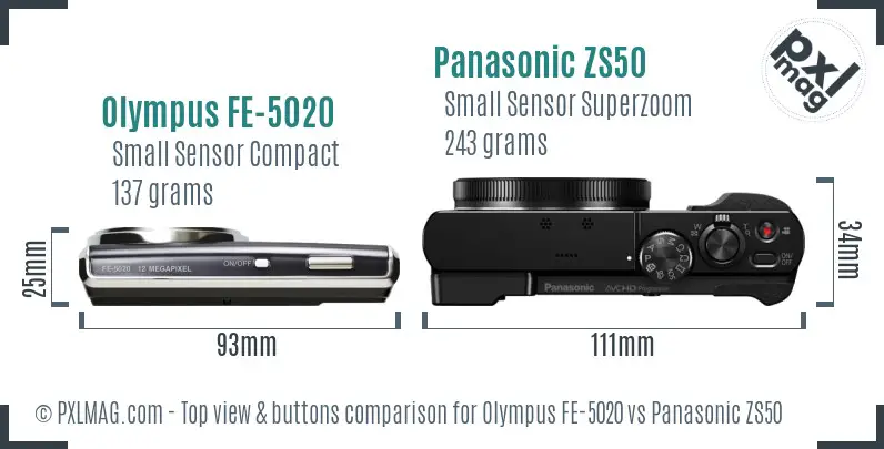 Olympus FE-5020 vs Panasonic ZS50 top view buttons comparison