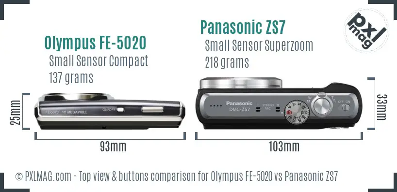 Olympus FE-5020 vs Panasonic ZS7 top view buttons comparison
