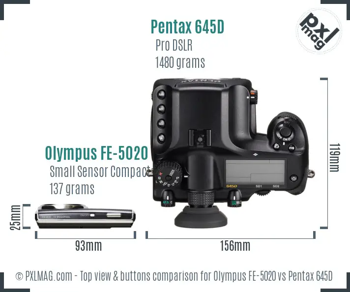 Olympus FE-5020 vs Pentax 645D top view buttons comparison
