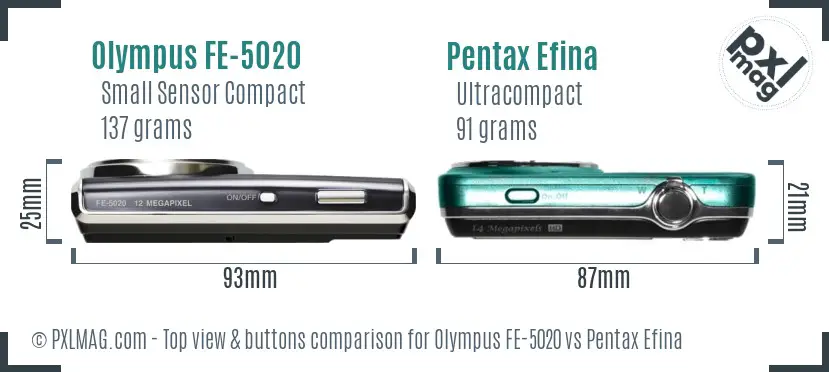 Olympus FE-5020 vs Pentax Efina top view buttons comparison