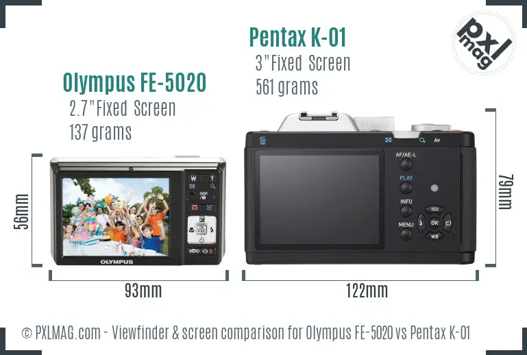 Olympus FE-5020 vs Pentax K-01 Screen and Viewfinder comparison