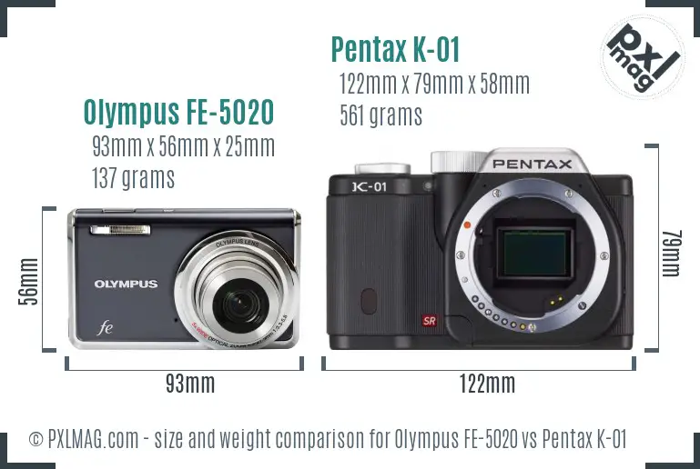 Olympus FE-5020 vs Pentax K-01 size comparison