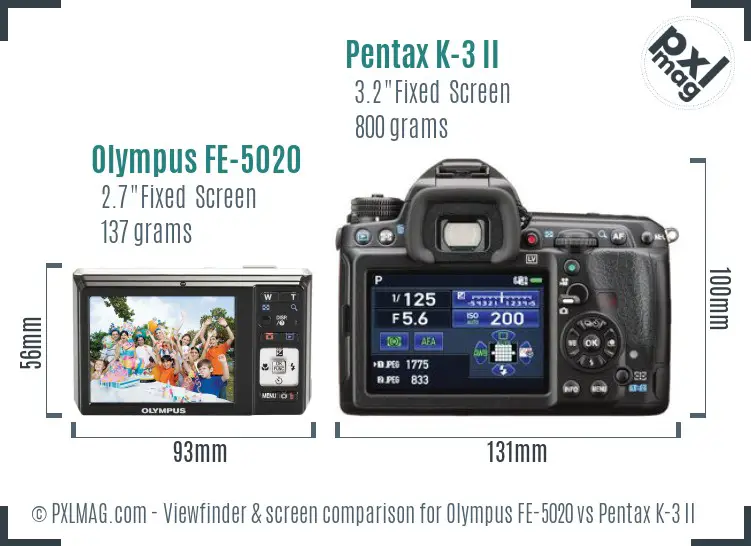 Olympus FE-5020 vs Pentax K-3 II Screen and Viewfinder comparison