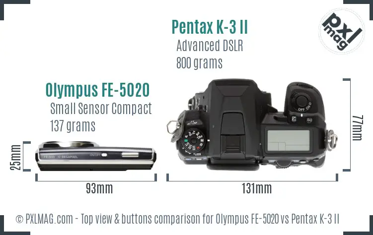 Olympus FE-5020 vs Pentax K-3 II top view buttons comparison