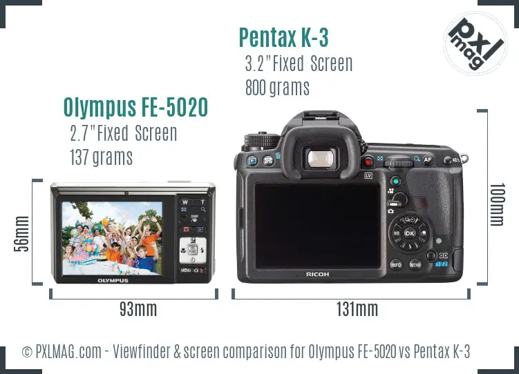 Olympus FE-5020 vs Pentax K-3 Screen and Viewfinder comparison