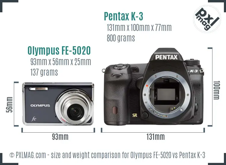 Olympus FE-5020 vs Pentax K-3 size comparison