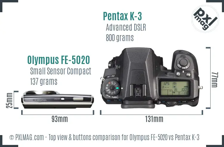Olympus FE-5020 vs Pentax K-3 top view buttons comparison