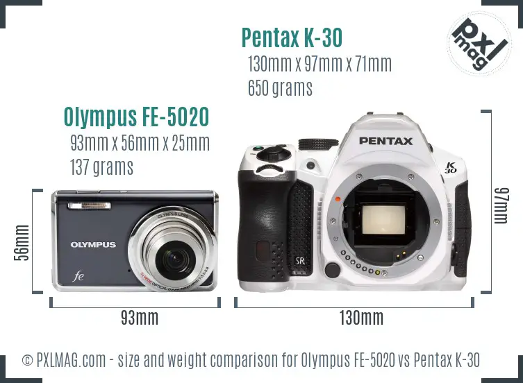 Olympus FE-5020 vs Pentax K-30 size comparison